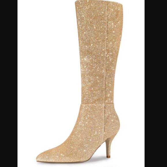 Allegra K Women's Pointy Toe Sparkle Glitter Stiletto Heel Gold Knee High Boots - Picture 1 of 1